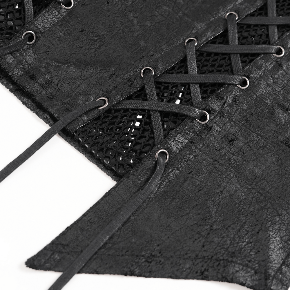 Close-up of Gothic Lace-Up Top with Chains and Pentagram Pendant showcasing intricate lacing and textured black fabric.