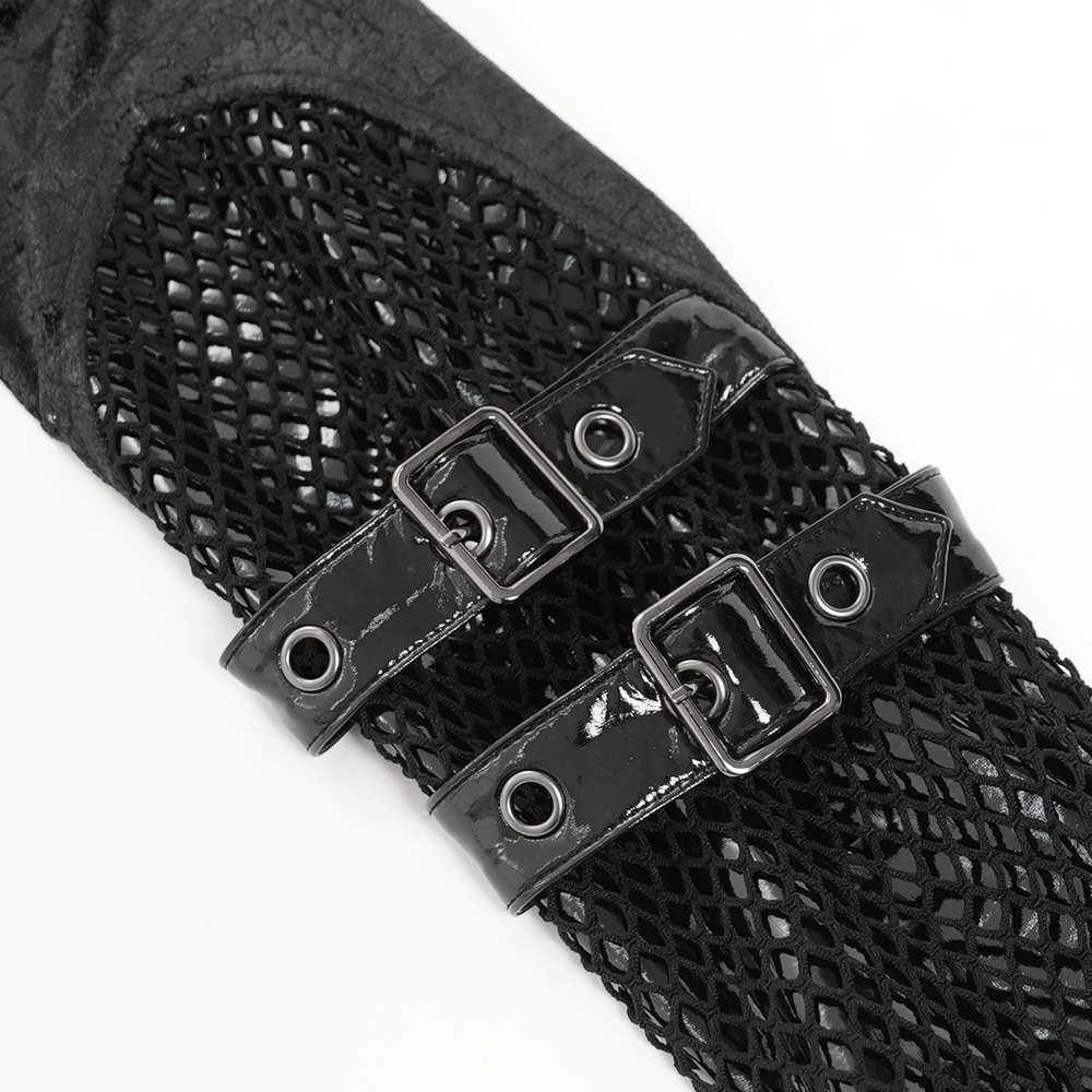 Gothic Lace-Up Top with Chains and Pentagram Pendant close-up of black straps and fishnet detailing