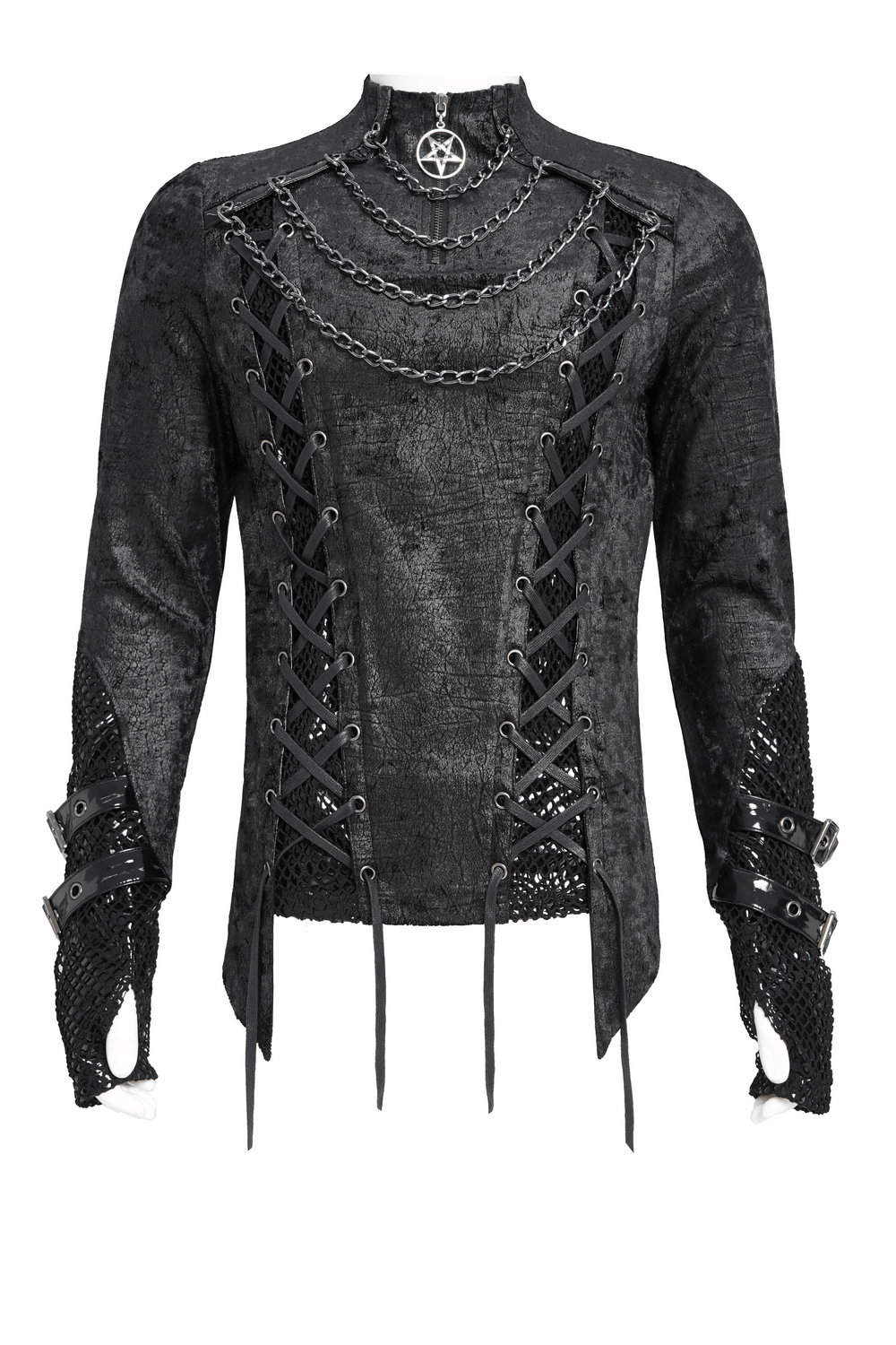 Gothic Lace-Up Top with Chains and Pentagram Pendant featuring intricate lacing and chains.