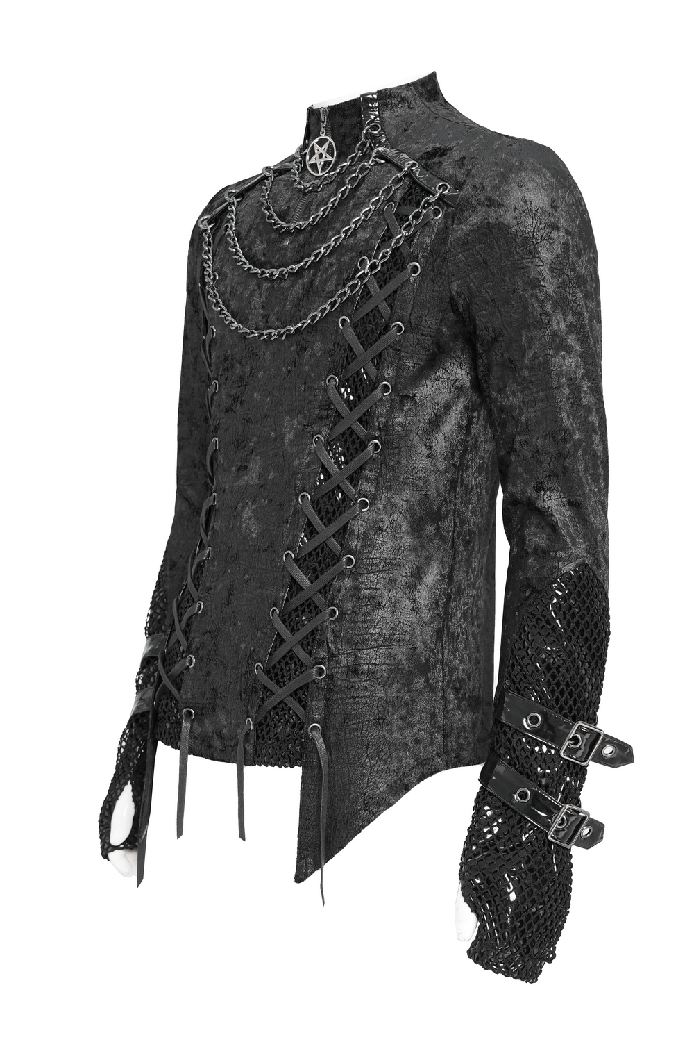 Gothic Lace-Up Top with Chains and Pentagram Pendant featuring dark fabric and intricate lace-up design.