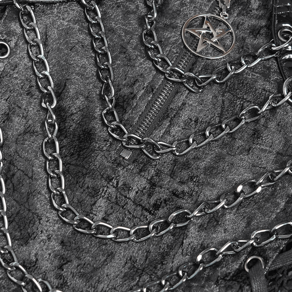 Close-up of Gothic Lace-Up Top with Chains and Pentagram Pendant, showcasing intricate chains and textured fabric.