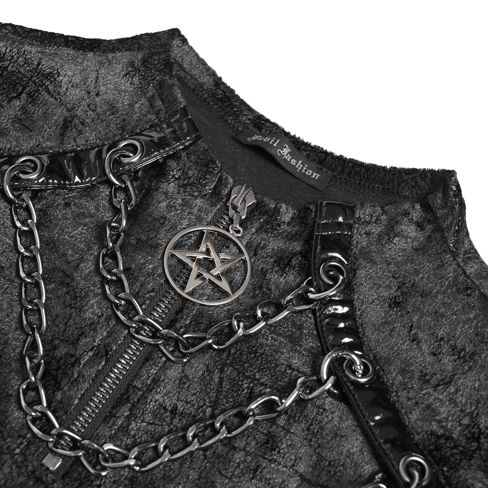 Gothic Lace-Up Top with Chains and Pentagram Pendant showcasing metal chain accents and a pentagram charm.