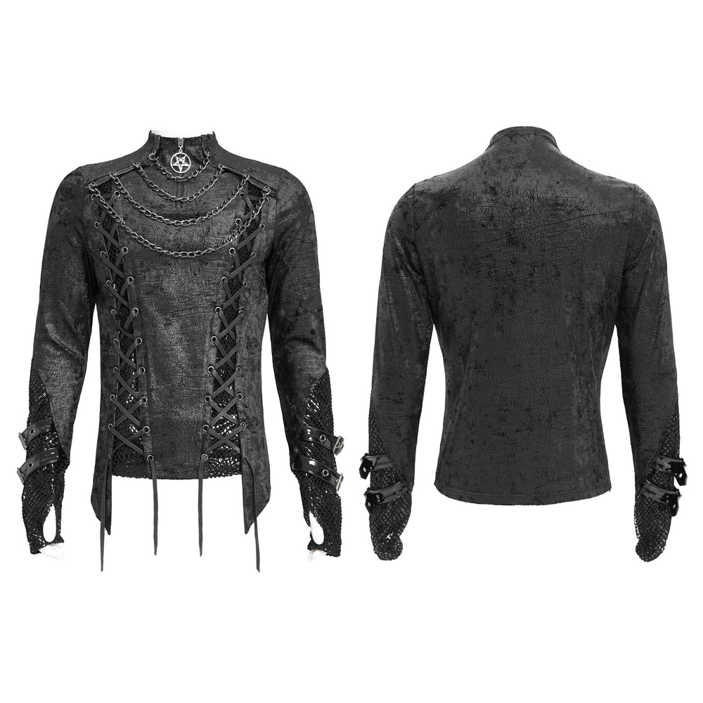 Gothic Lace-Up Top with Chains and Pentagram Pendant, showcasing intricate lacing and metal chains in textured black.