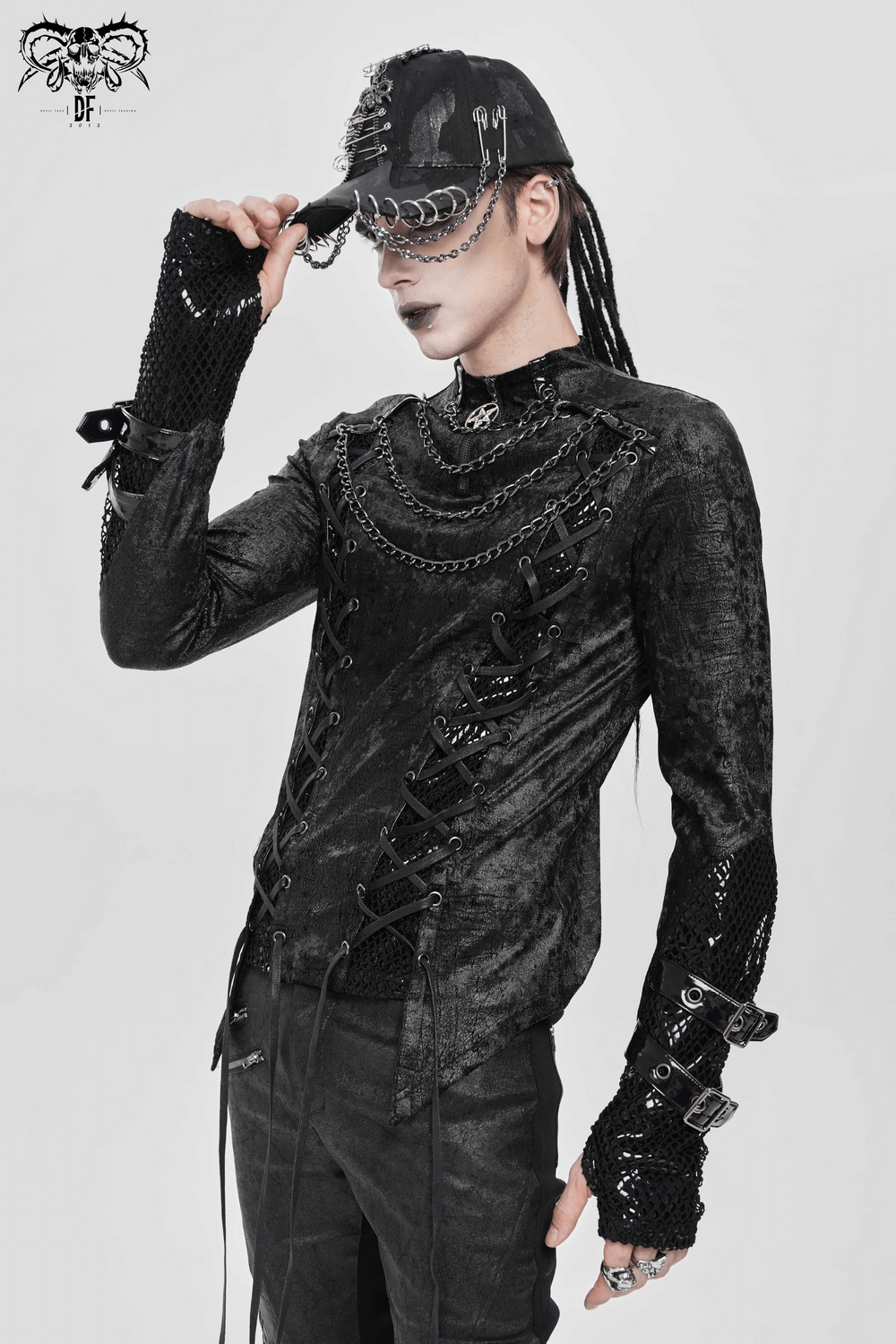 Gothic Lace-Up Top with Chains and Pentagram Pendant featuring metal chains and textured black fabric.