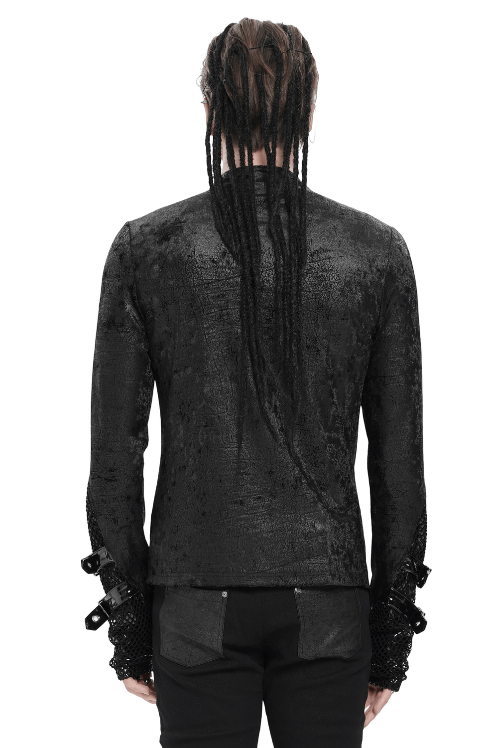 Back view of Gothic Lace-Up Top with Chains and Pentagram Pendant showcasing textured black fabric and stylish details.