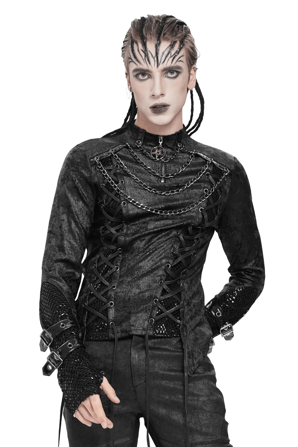 Gothic Lace-Up Top with Chains and Pentagram Pendant featuring corset lacing and metal chains.