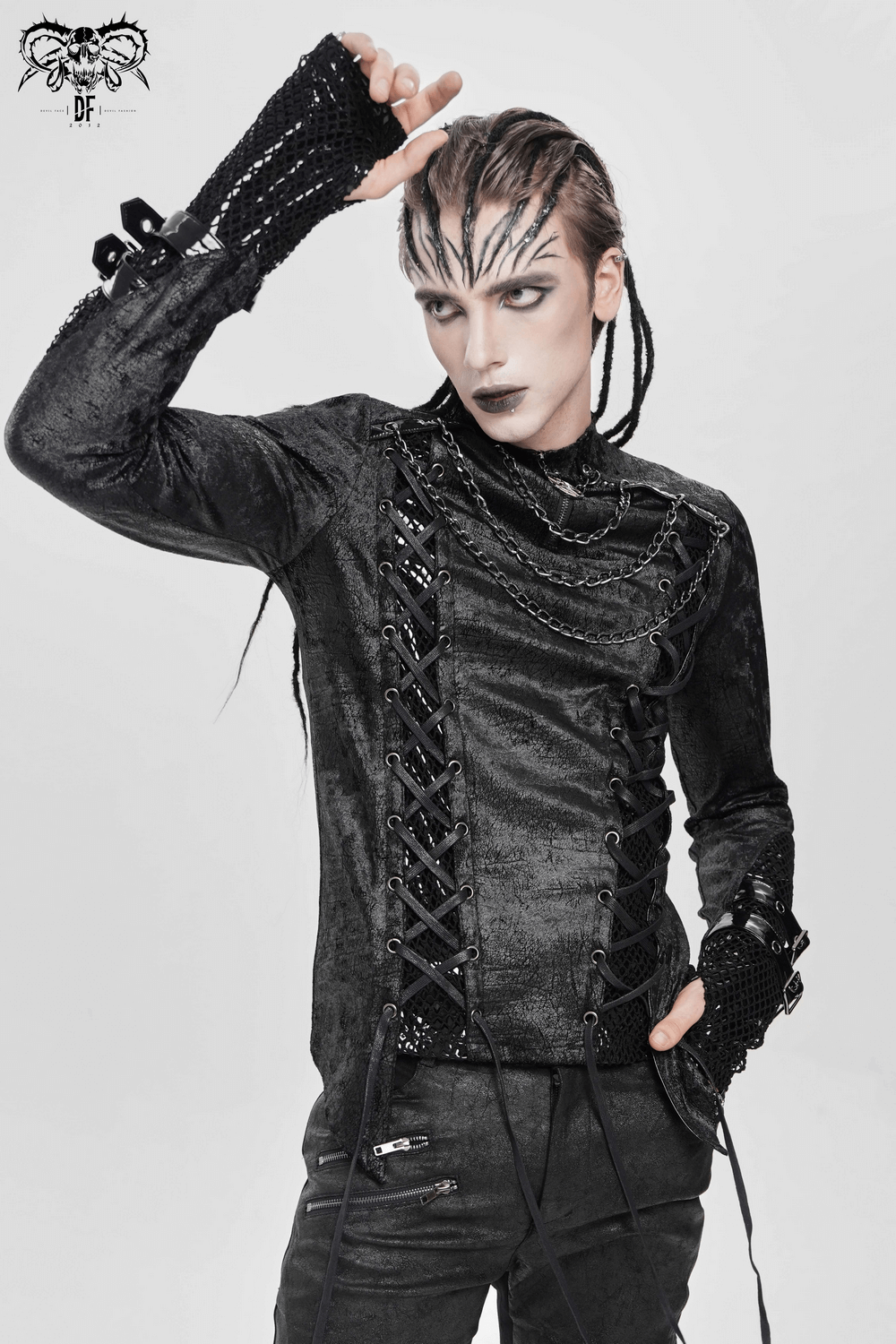 Gothic Lace-Up Top with Chains and Pentagram Pendant worn by a model, showcasing dark edgy style and corset details.