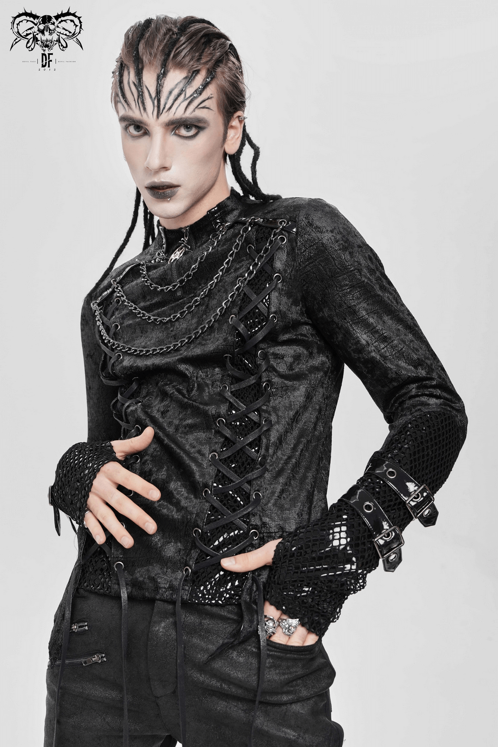 Gothic Lace-Up Top with Chains and Pentagram Pendant displayed on a model with an edgy alternative style.