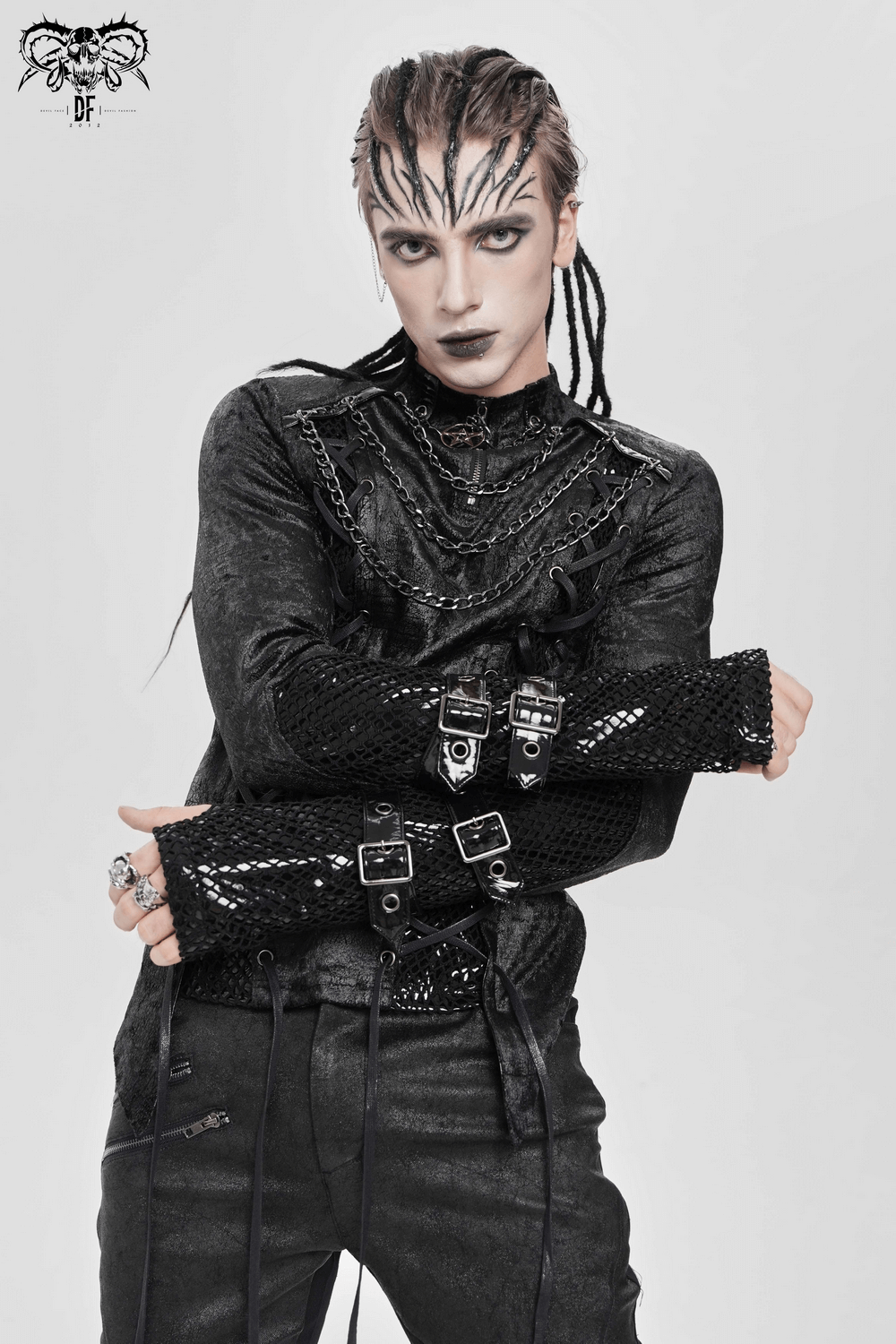 Gothic Lace-Up Top with Chains and Pentagram Pendant styled with corset lacing and metal accents, perfect for dark fashion lovers.
