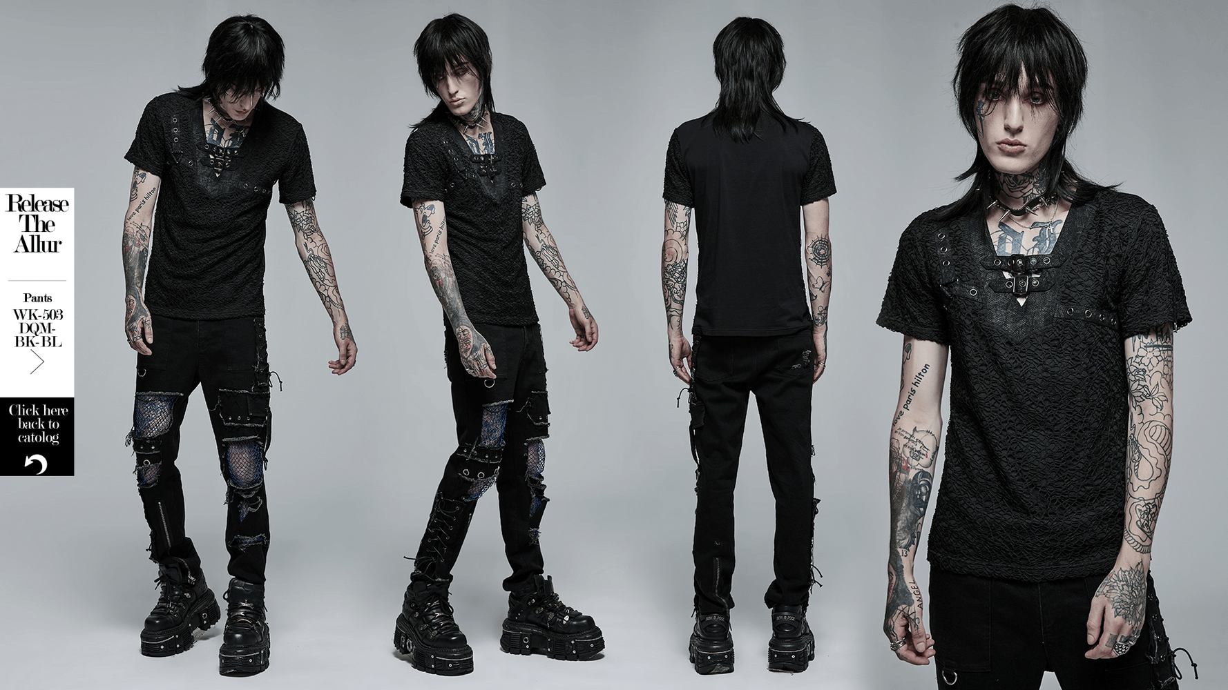 Gothic lace-up mesh tee model showcasing edgy style from multiple angles, paired with chic black pants.