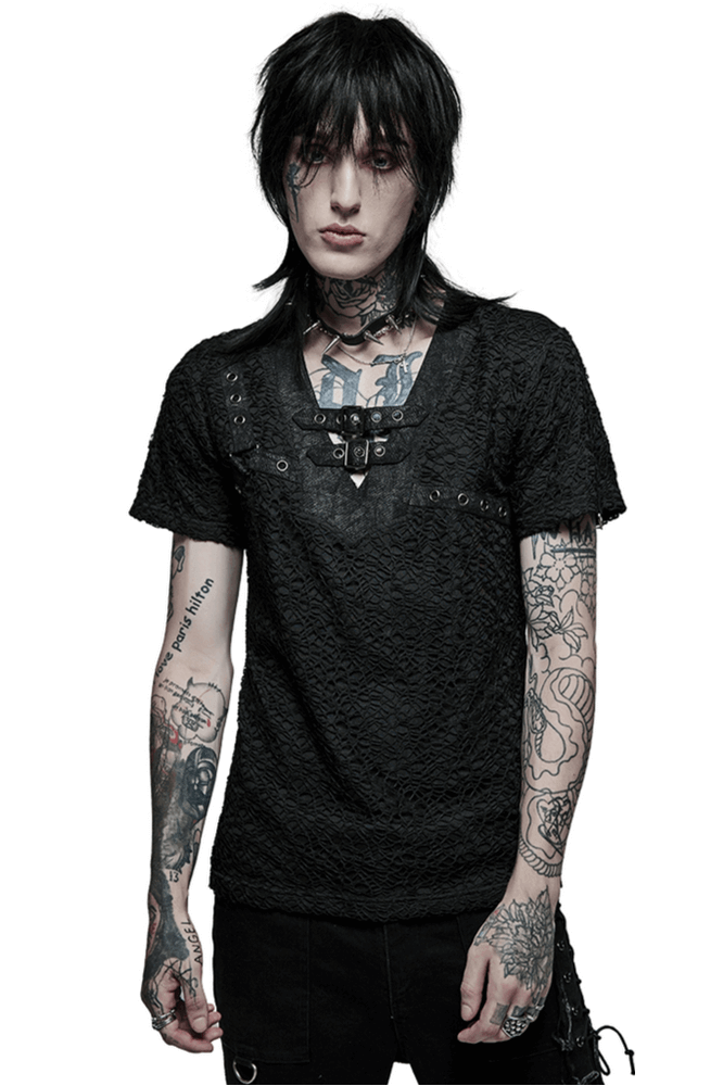 Gothic lace-up V-neck mesh tee on a tattooed model, showcasing edgy style and slim fit design.