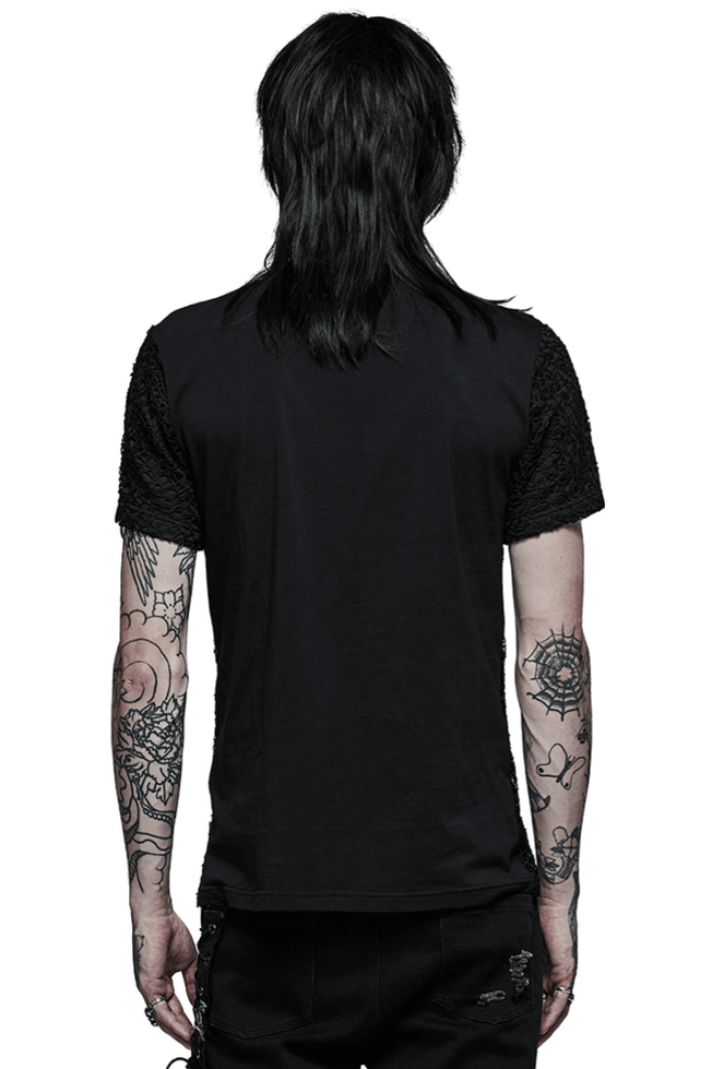 Back view of a model wearing a Gothic Lace-Up Mesh Tee with short sleeves and decorative loops, showcasing a stylish design.