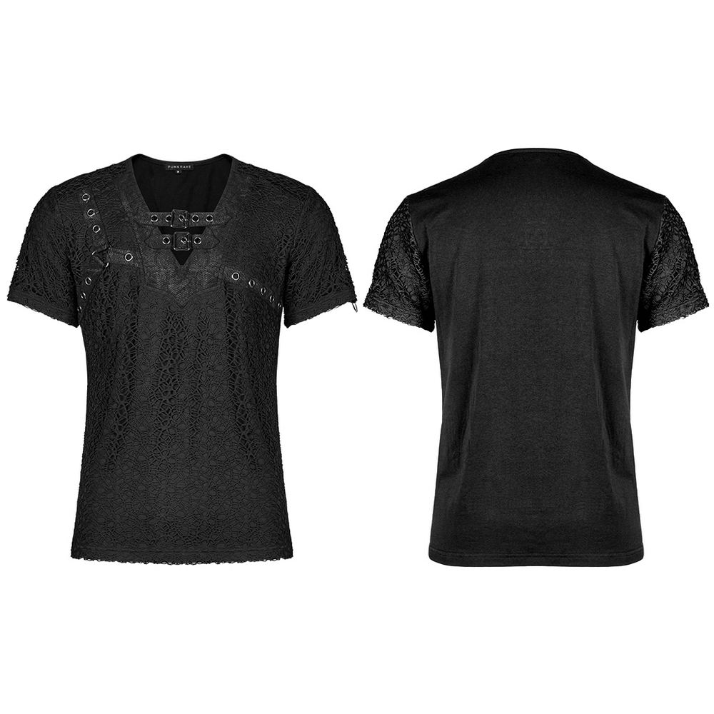 Gothic lace-up V-neck mesh tee in black, featuring decorative loops and slim fit short sleeves.