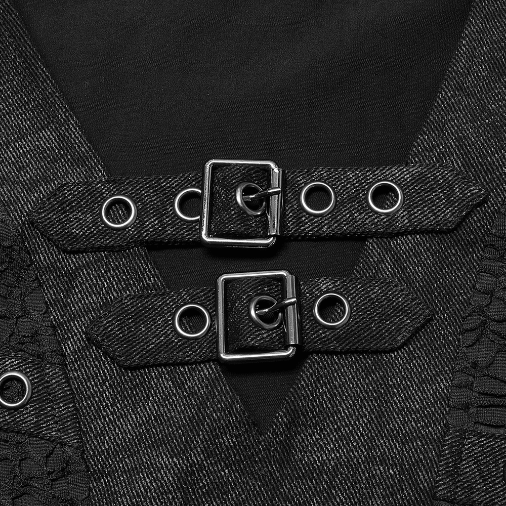 Close-up of Gothic lace-up detailing on a mesh tee, featuring decorative loops and edgy silver buckles.