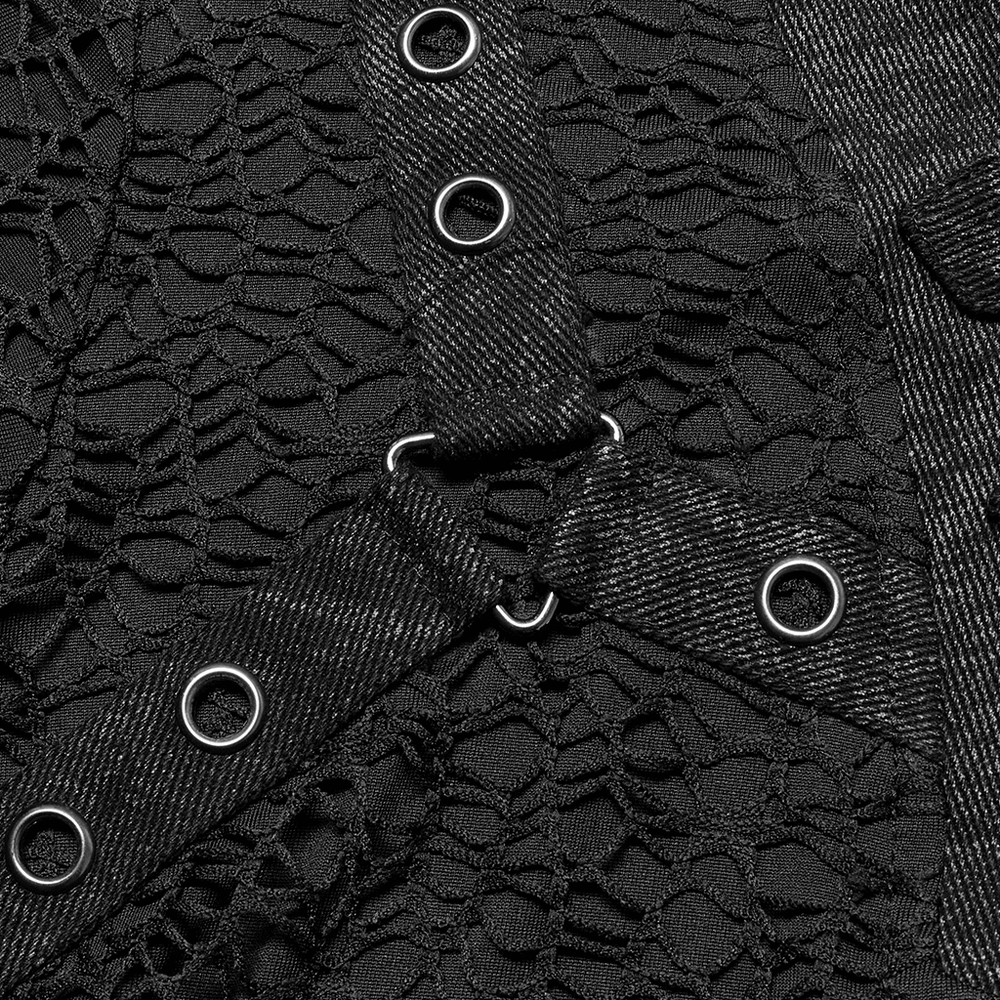 Close-up of gothic lace-up mesh fabric with decorative loops and grommets, showcasing edgy textile detailing.
