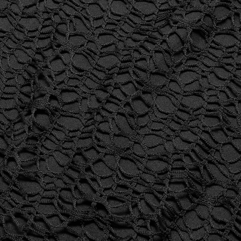 Close-up of intricate black mesh fabric with a gothic lace pattern, perfect for stylish tees.