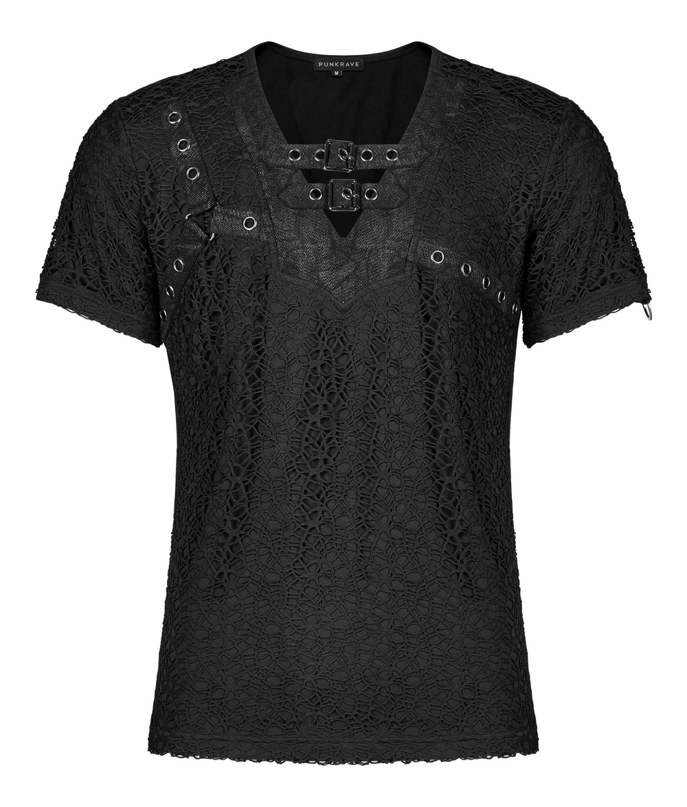 Gothic Lace-Up V-Neck Mesh Tee-Slim Fit Style - HARD'N'HEAVY