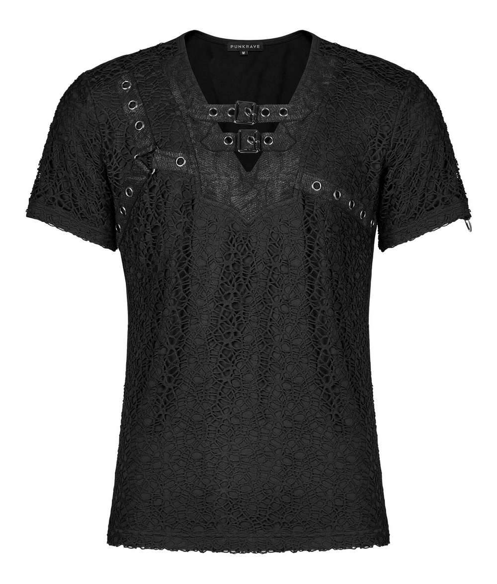 Chic Gothic lace-up mesh tee with V-neck and decorative loops for a stylish, edgy look.