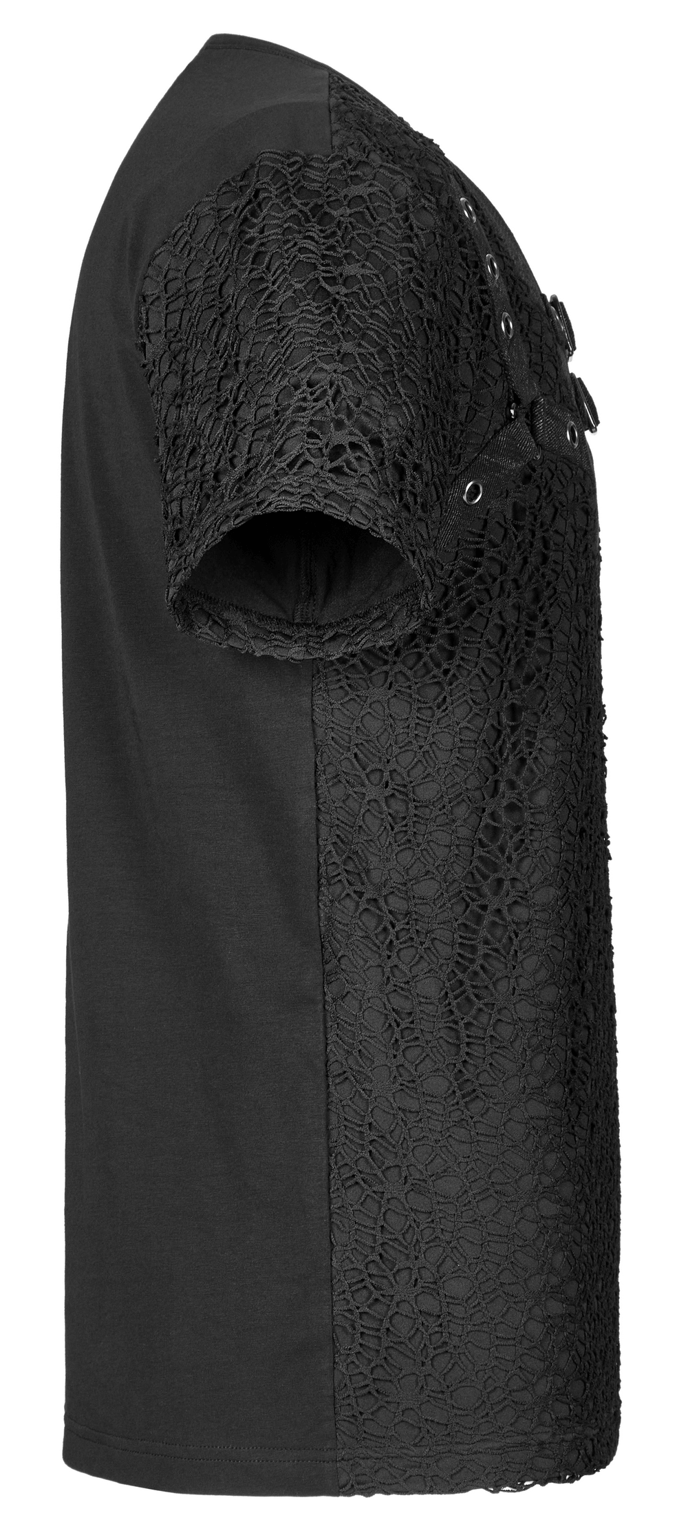 Gothic lace-up V-neck mesh tee showing intricate lace detail and slim fit silhouette, perfect for edgy fashion lovers.