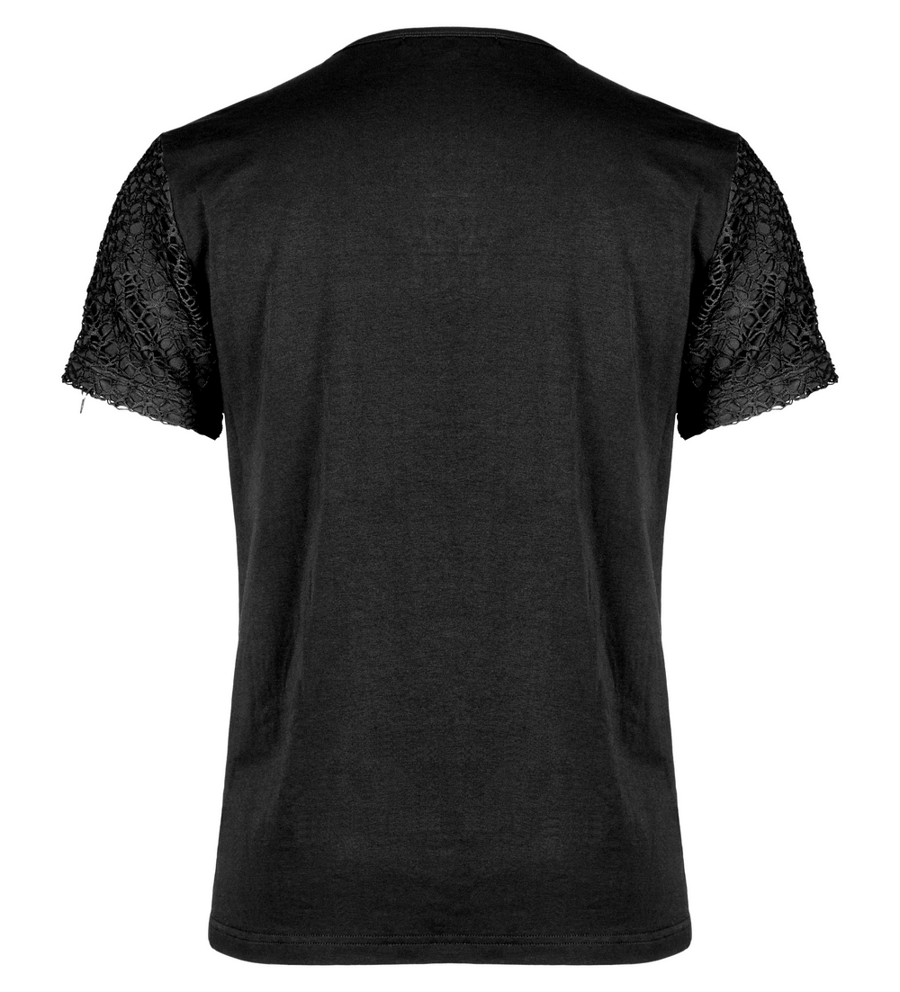 Gothic lace-up V-neck mesh tee with stylish decorative loop sleeves, showcasing a chic black design from the back.