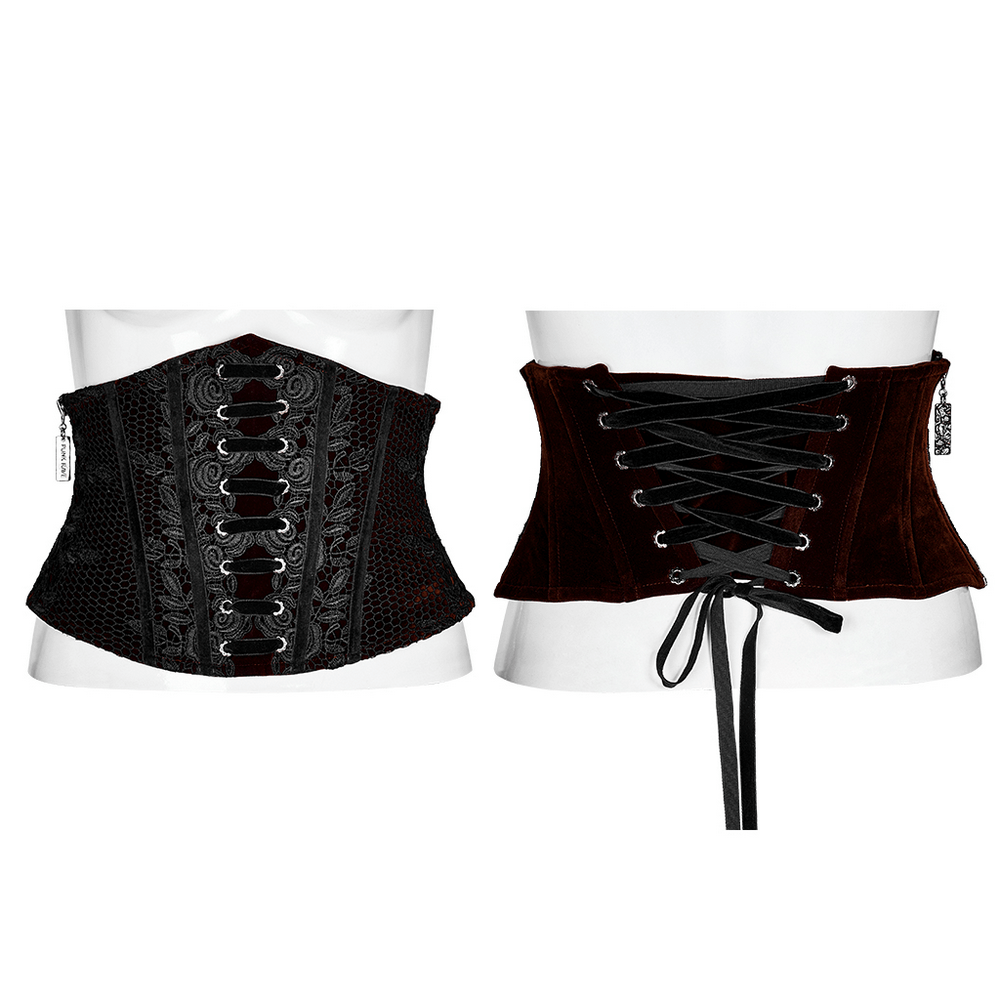 Gothic lace-up velvet corset with red lace, featuring vintage lace design and adjustable back for a perfect fit.
