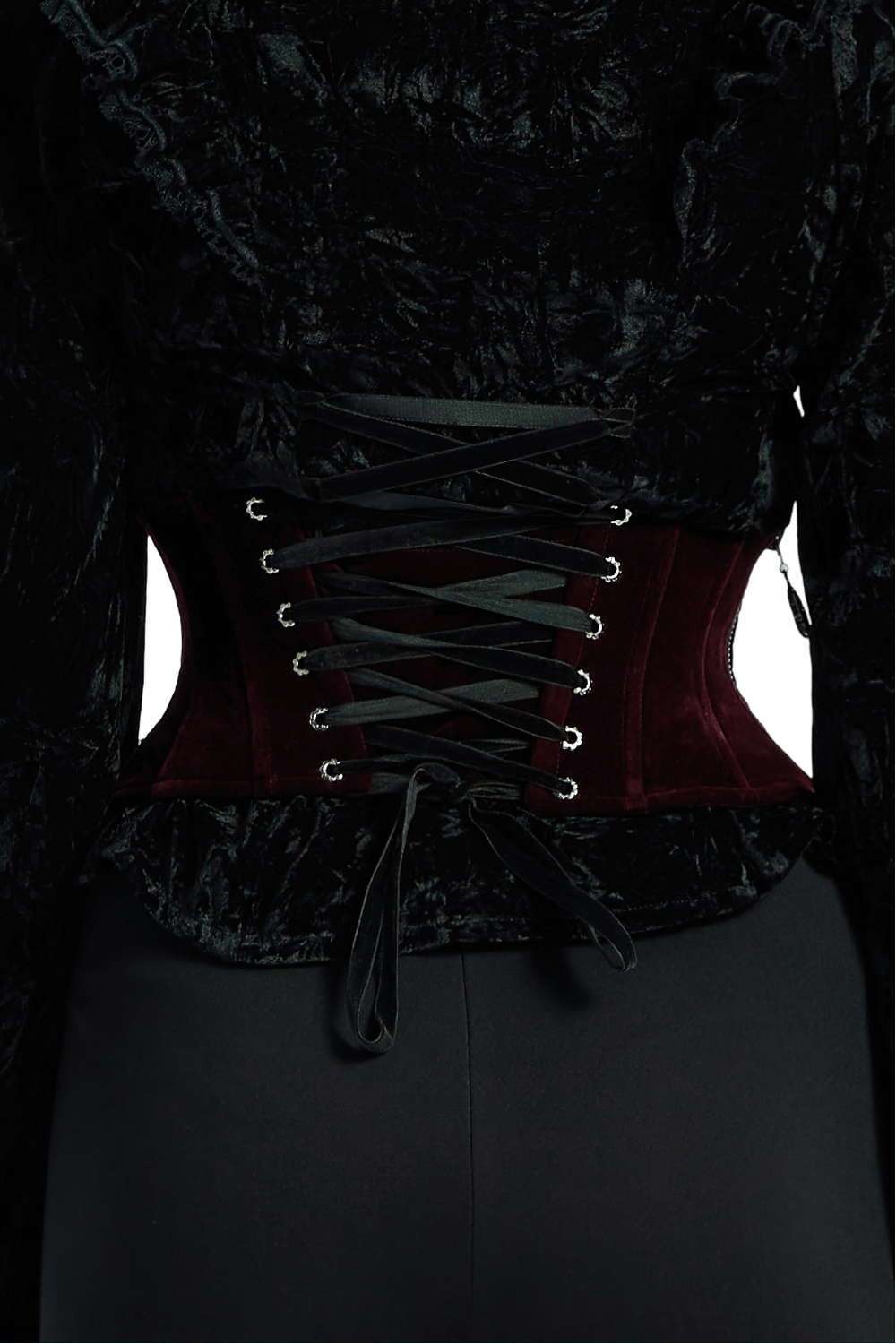 Back view of gothic lace-up velvet corset in rich burgundy, highlighting intricate lacing and elegant design.