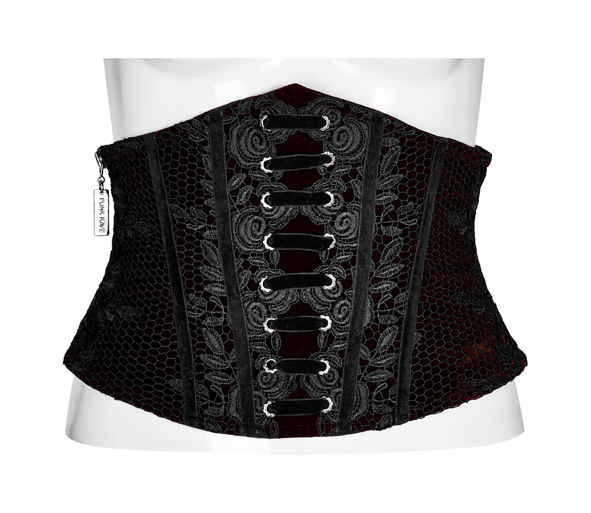 Gothic velvet corset with red lace accents, featuring decorative eyelet and functional zipper for vintage chic style.