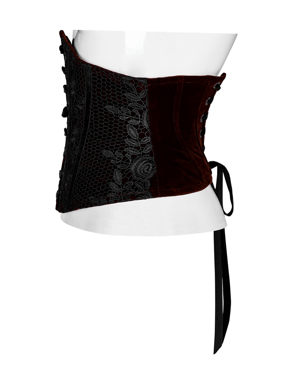 Gothic lace-up velvet corset with red lace accents and vintage design, showcasing intricate detailing and stylish profile.