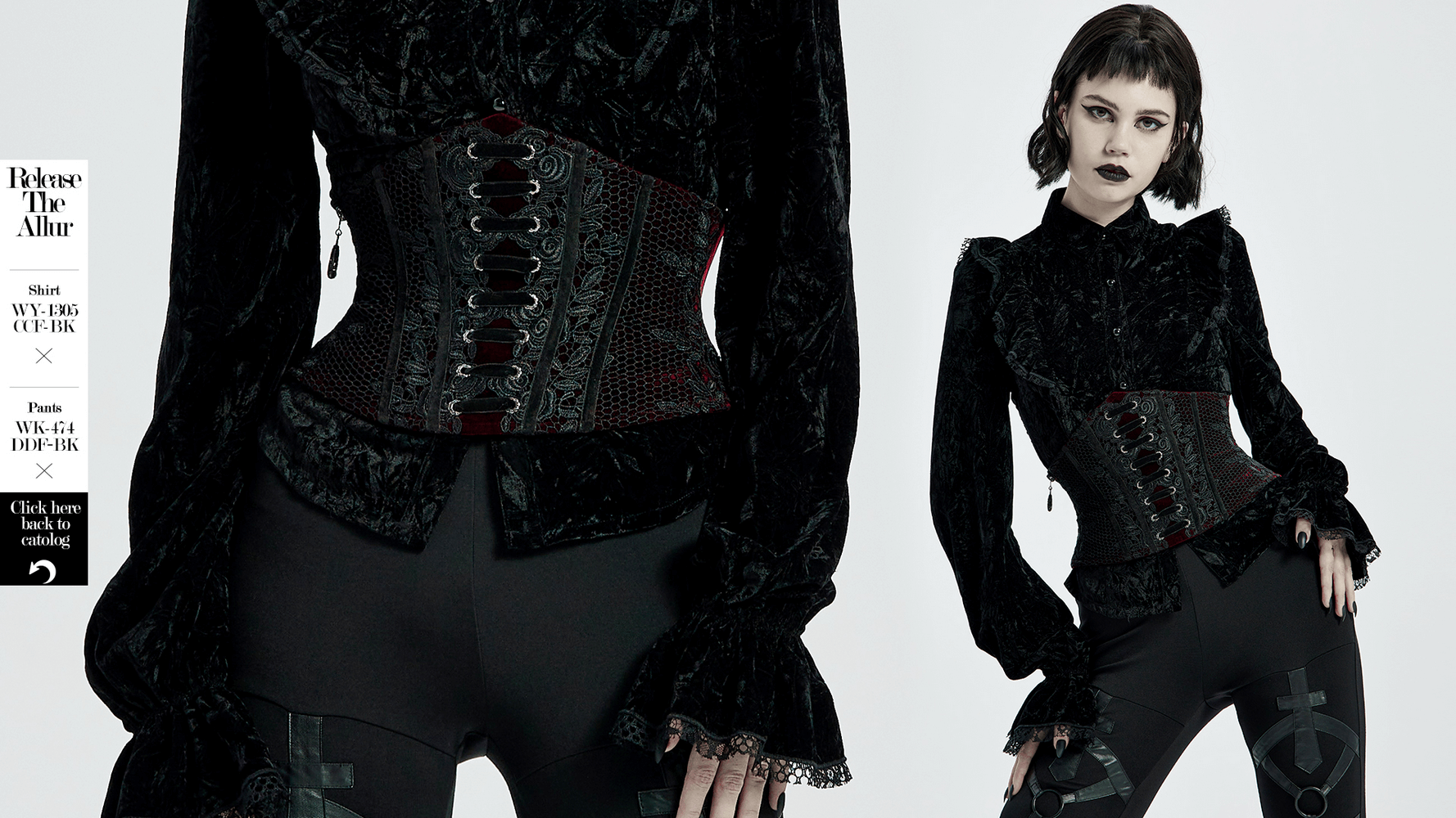Gothic lace-up velvet corset with red lace accents, showcasing vintage design and stylish detailing.