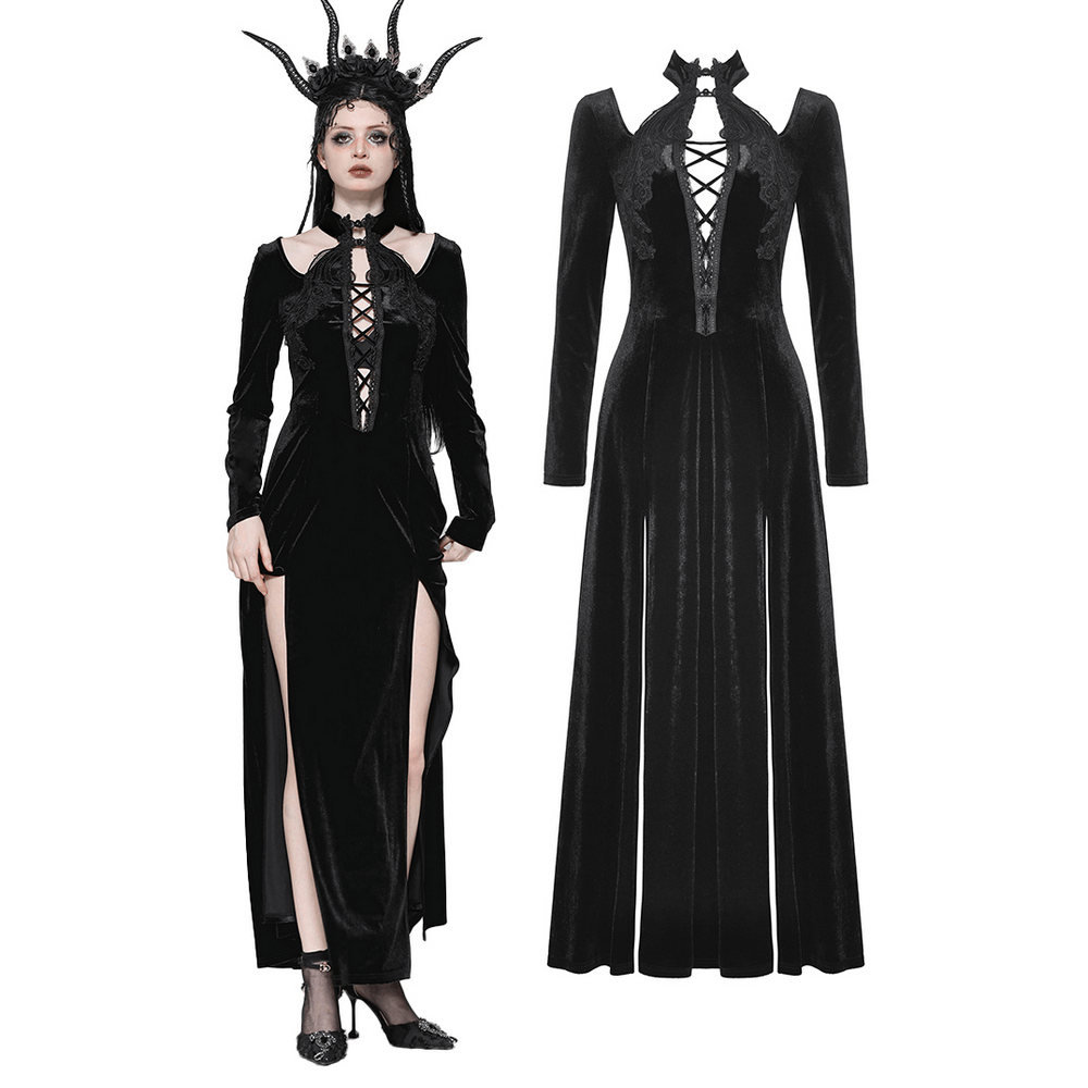 Gothic lace-up velvet dress with ruffled details and slit, perfect for dark elegance and edgy fashion.