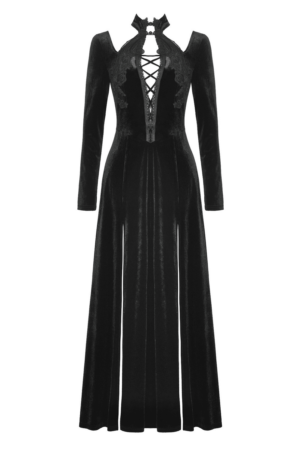 Gothic Lace-Up Velvet Dress with Ruffled Details and Slit Gothic Lace-Up Velvet Dress with Ruffled Details and Slit