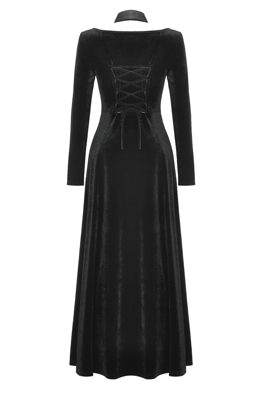 Gothic lace-up velvet dress with long sleeves, ruffled details, and an elegant slit, perfect for a dramatic look.