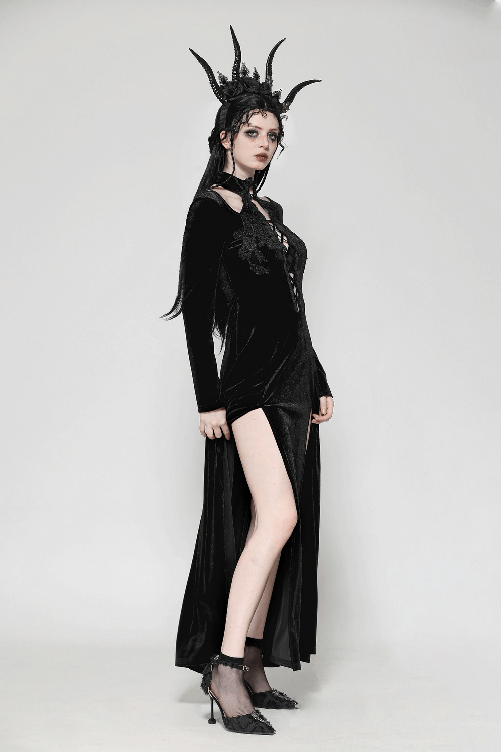 Gothic lace-up velvet dress with ruffled details and a thigh-high slit, perfect for dark elegance.