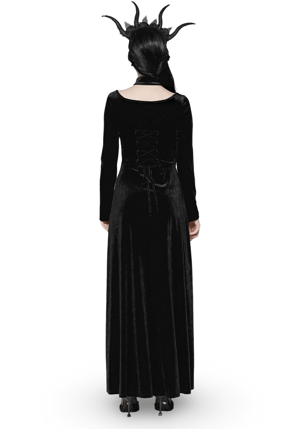 Back view of a gothic lace-up velvet dress with ruffled details and a daring slit, perfect for a dark, elegant look.