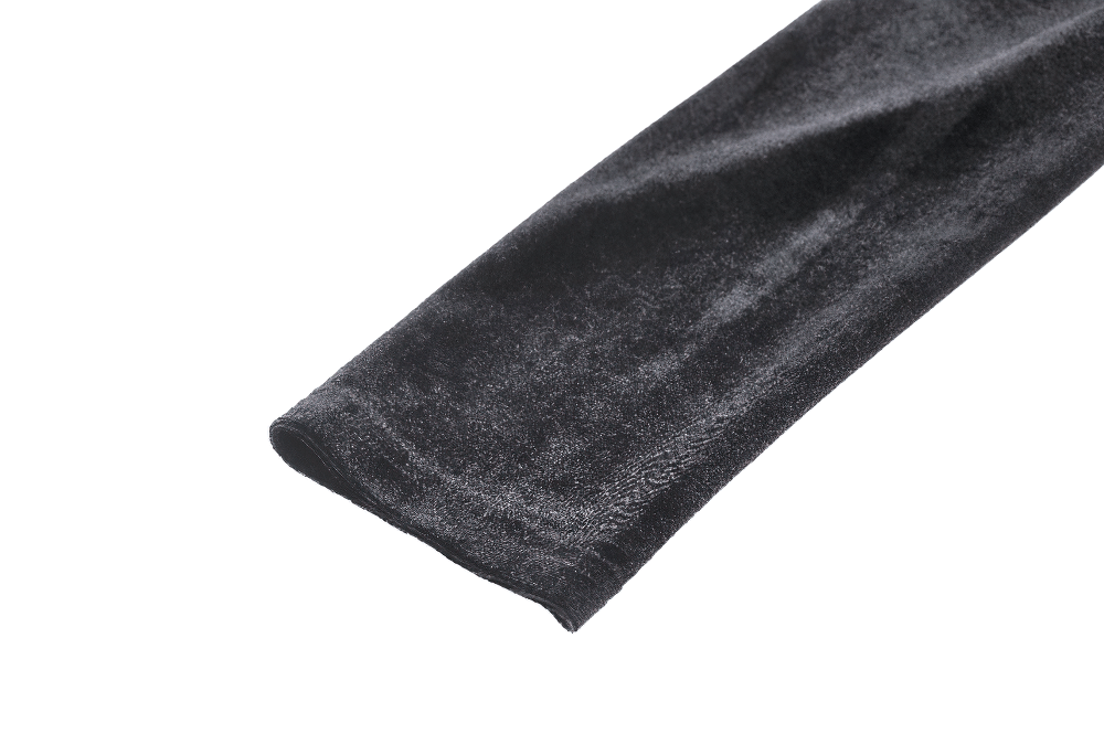 Close-up of luxurious black velvet fabric, showcasing its soft texture, perfect for a Gothic lace-up dress.