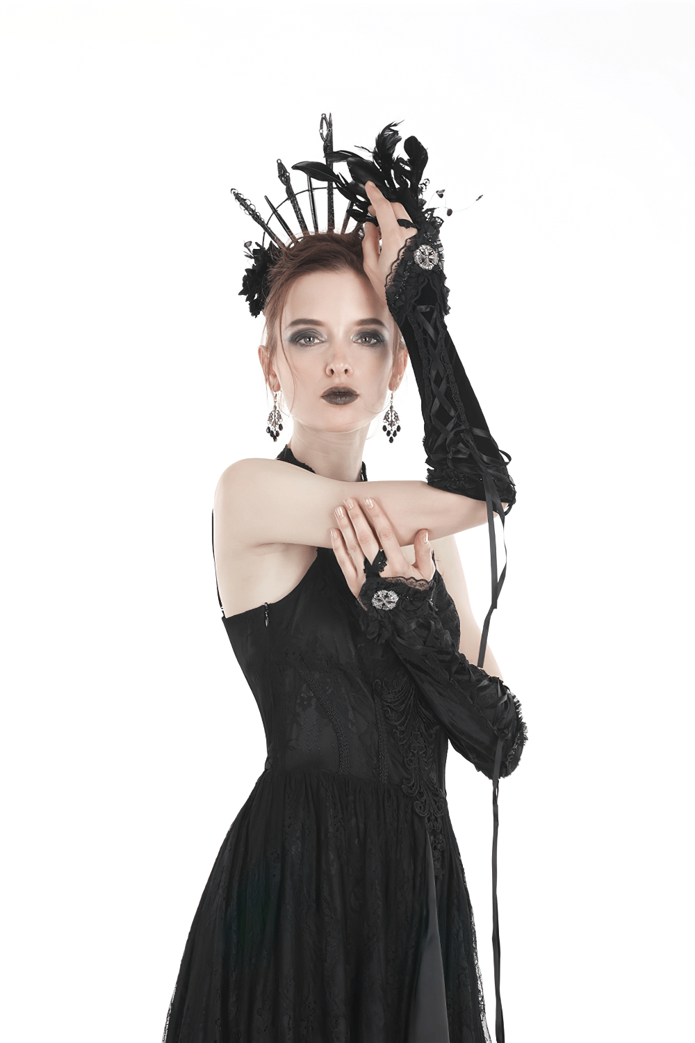 Gothic Lace-Up Velvet Fingerless Gloves for Women