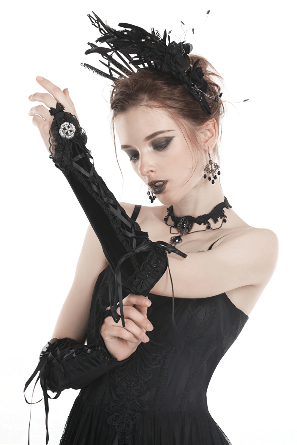 Gothic Lace-Up Velvet Fingerless Gloves for Women