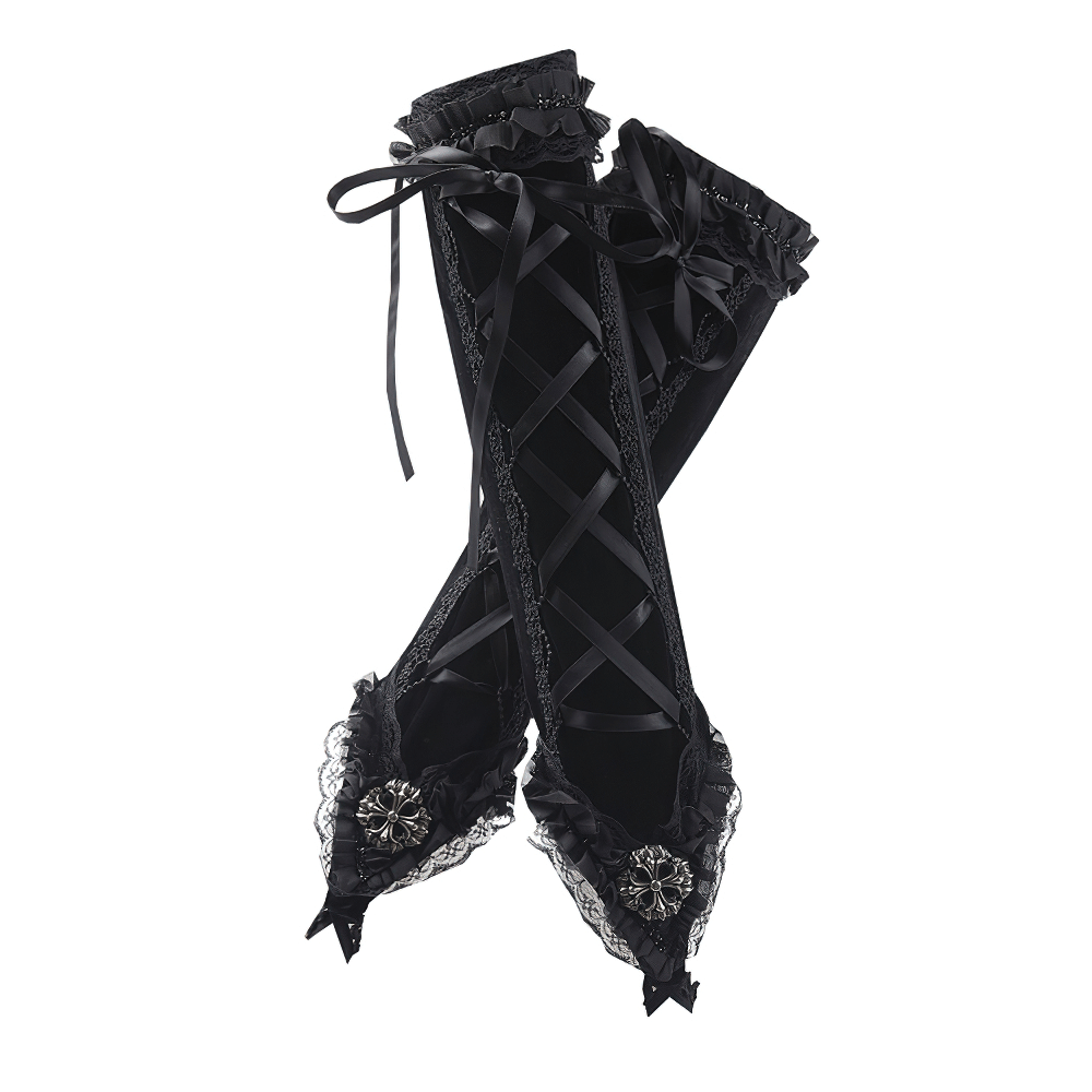 Gothic lace-up black velvet fingerless gloves with intricate lace detailing and ribbon lacing for a Victorian look.