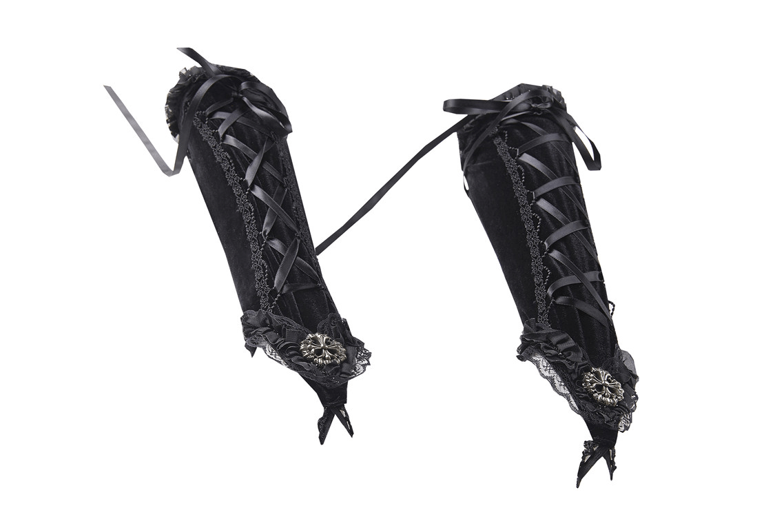 Gothic lace-up velvet fingerless gloves with intricate lace and ribbon detailing, perfect for dark romantic elegance.