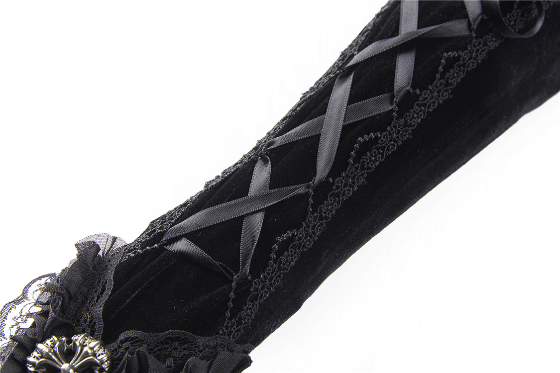 Gothic lace-up velvet fingerless gloves with intricate ribbon lacing and lace detailing for women.
