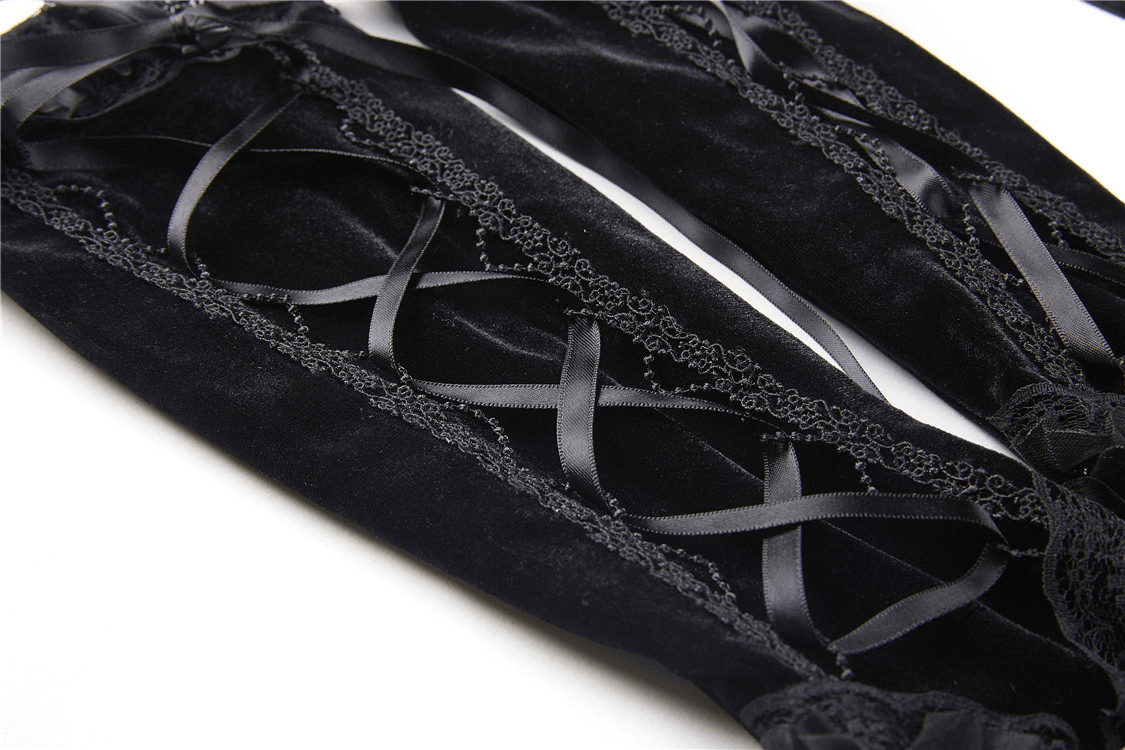 Gothic black velvet fingerless gloves with intricate lace and ribbon lacing detail, perfect for Victorian elegance.