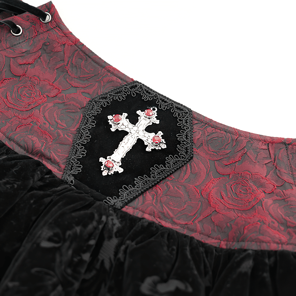 Gothic Lace-Up Velvet Skirt with Embroidered Cross Accent