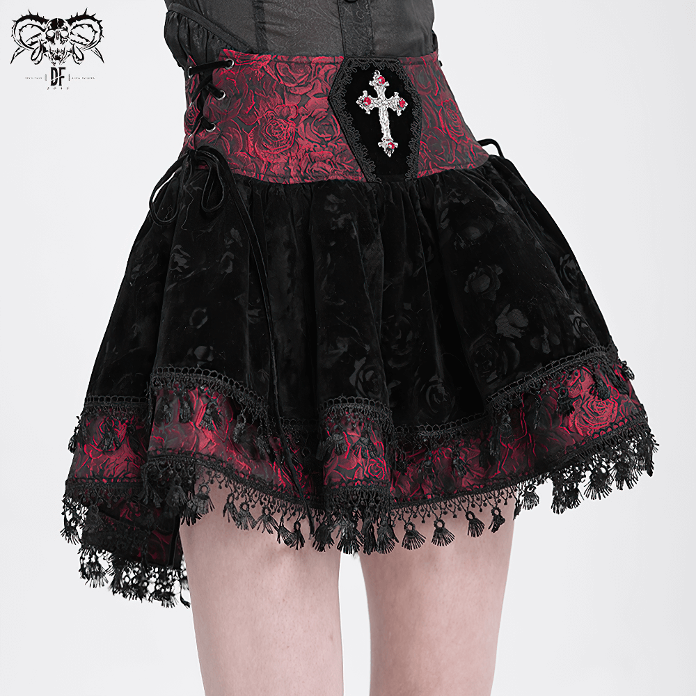 Gothic Lace-Up Velvet Skirt with Embroidered Cross Accent