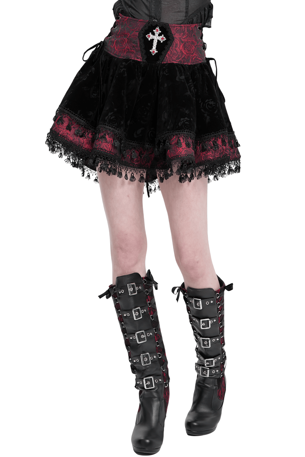 Gothic Lace-Up Velvet Skirt with Embroidered Cross Accent