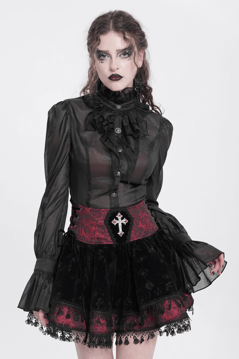 Gothic Lace-Up Velvet Skirt with Embroidered Cross Accent