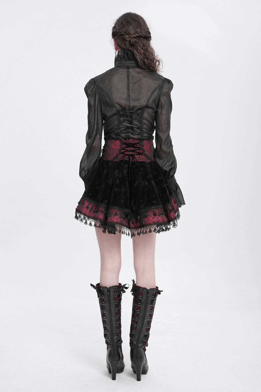 Gothic Lace-Up Velvet Skirt with Embroidered Cross Accent