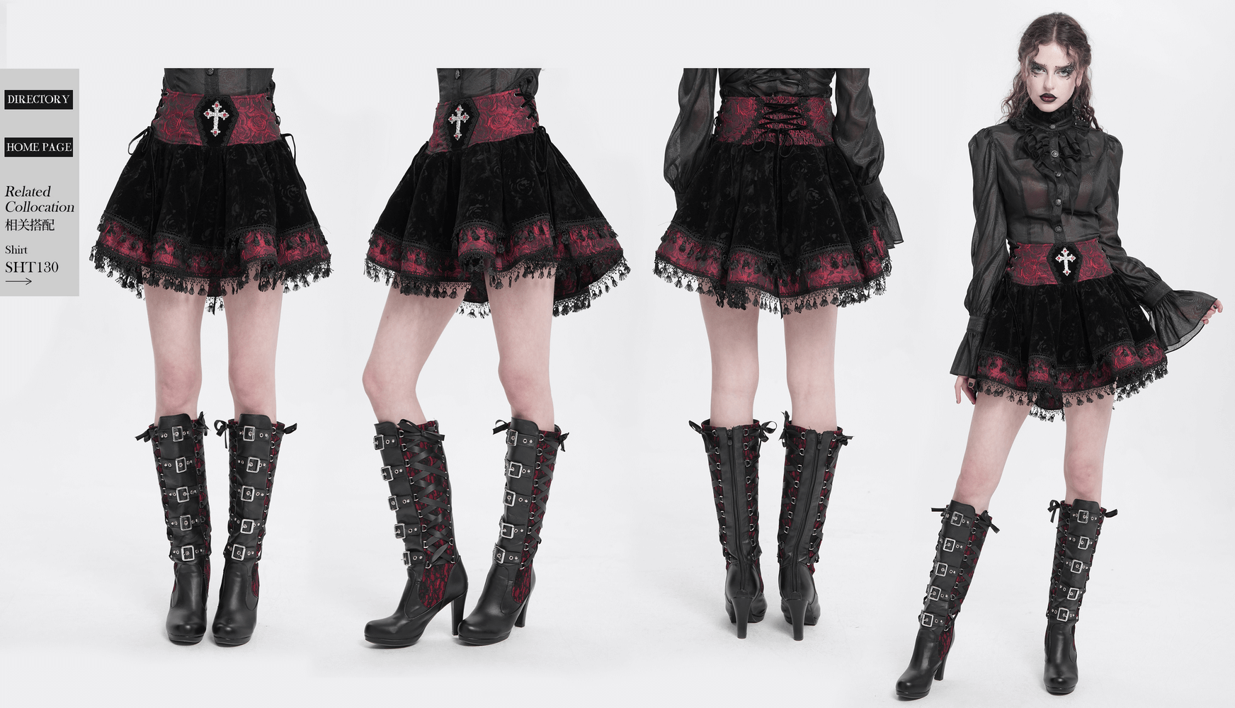 Gothic lace-up velvet skirt with embroidered cross, ideal for alternative fashion lovers, featuring a corset waist and elegant flare.