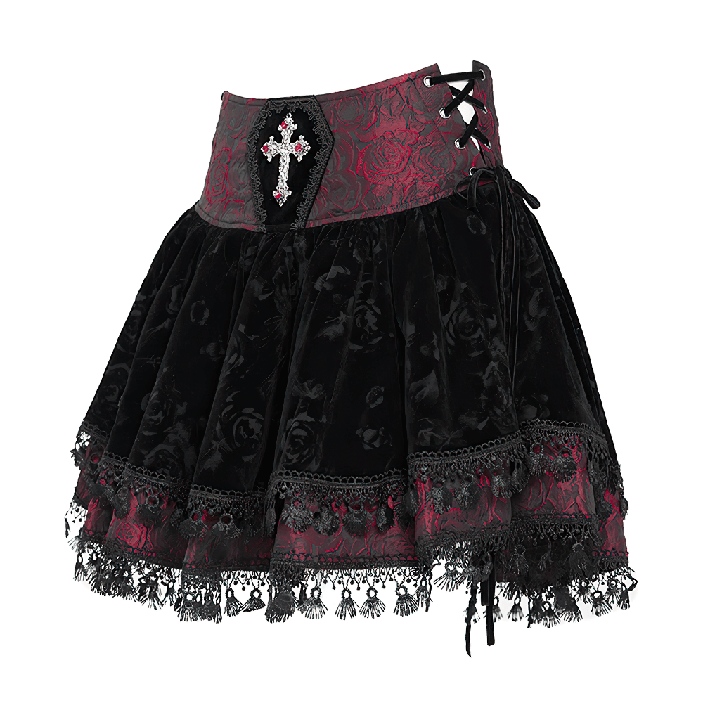 Gothic lace-up velvet skirt featuring embroidered cross and intricate lace trim, perfect for alternative fashion lovers.