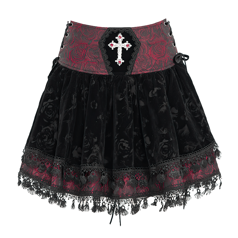 Gothic Lace-Up Velvet Skirt with Embroidered Cross Accent