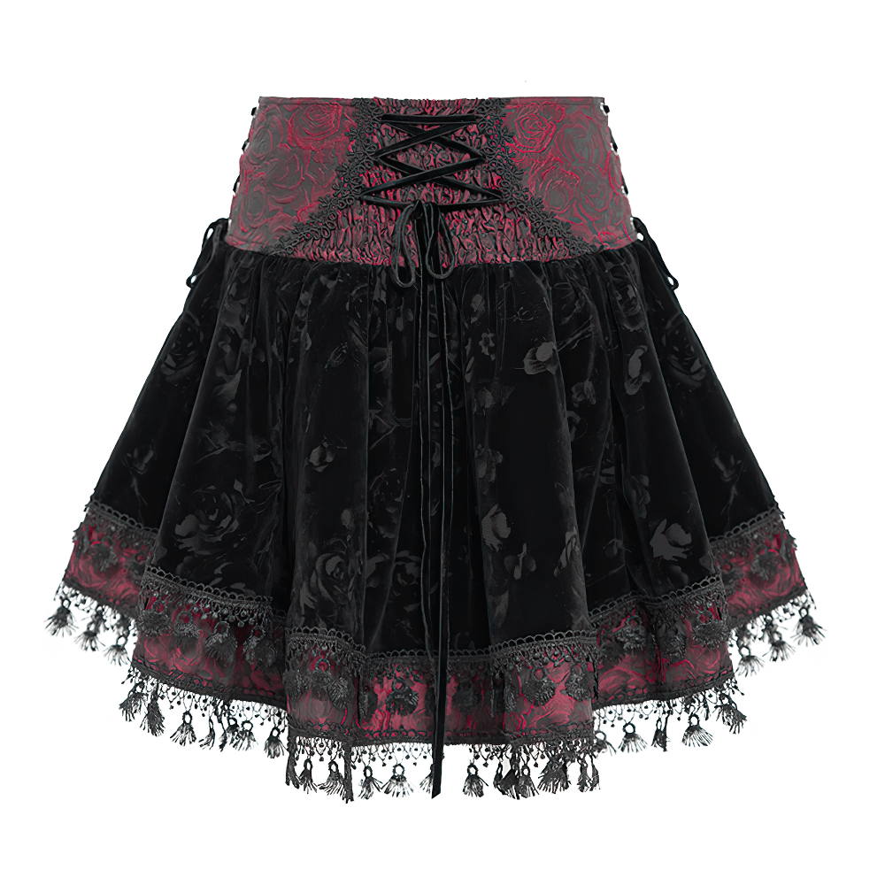 Gothic Lace-Up Velvet Skirt with Embroidered Cross Accent